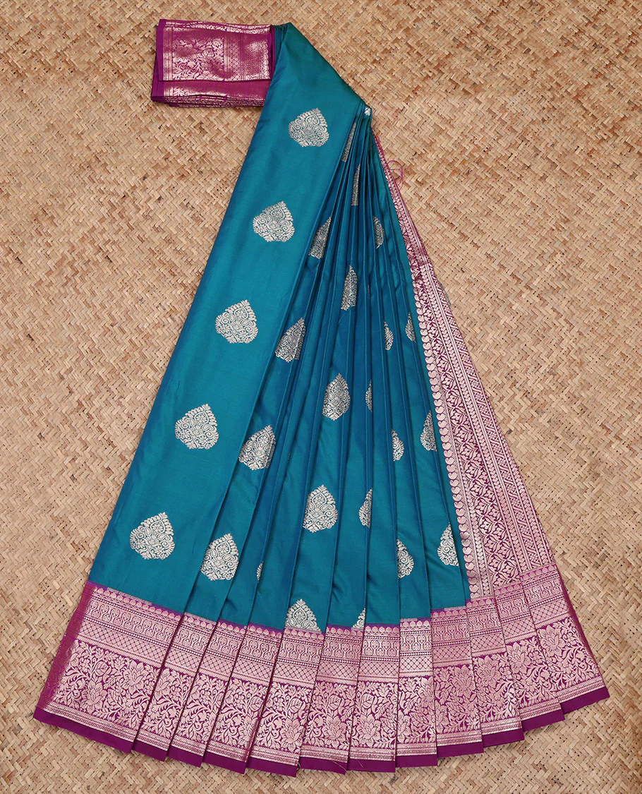 Blue Budget Silk Saree, Detailed with Zari Buttas All Over Its Body, Complemented by a Contrast Traditional Zari Design Border, Intricately Designed Pallu, and Paired with a Contrast Blouse - Image 2