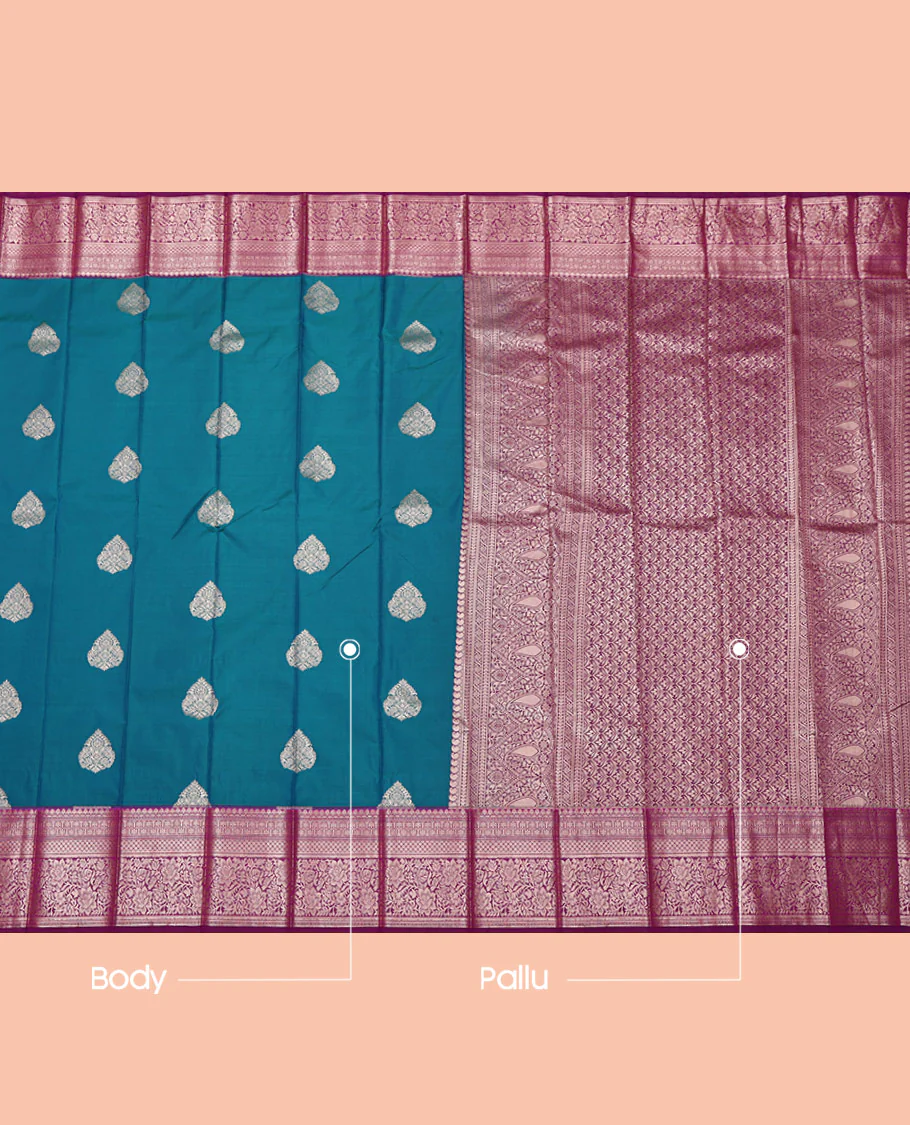 Blue Budget Silk Saree, Detailed with Zari Buttas All Over Its Body, Complemented by a Contrast Traditional Zari Design Border, Intricately Designed Pallu, and Paired with a Contrast Blouse - Image 3
