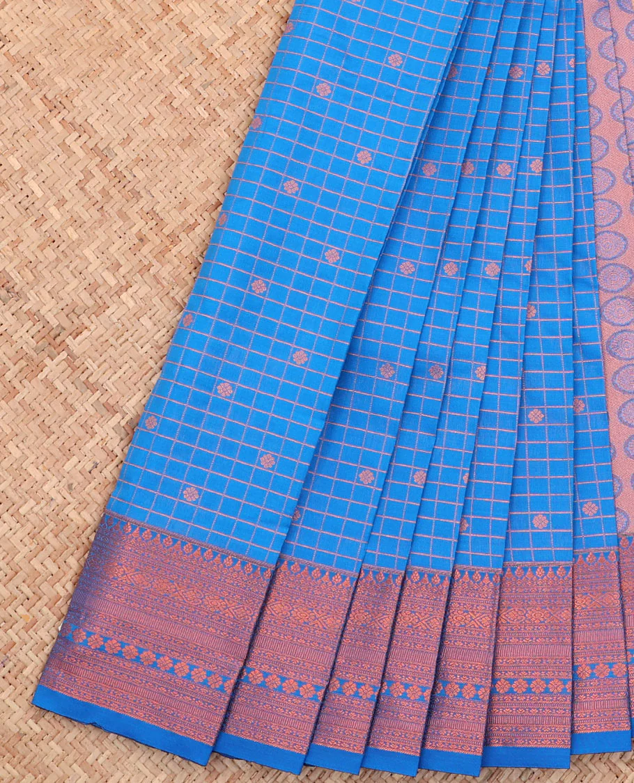 Blue Budget Silk Saree, Detailed with Zari Buttas and Checks All Over Its Body, Highlighted by a Traditional Zari Design Border, Grand Pallu, and Paired with a Matching Blouse