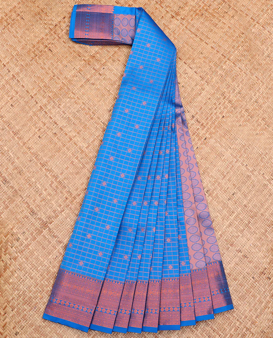 Blue Budget Silk Saree, Detailed with Zari Buttas and Checks All Over Its Body, Highlighted by a Traditional Zari Design Border, Grand Pallu, and Paired with a Matching Blouse - Image 2