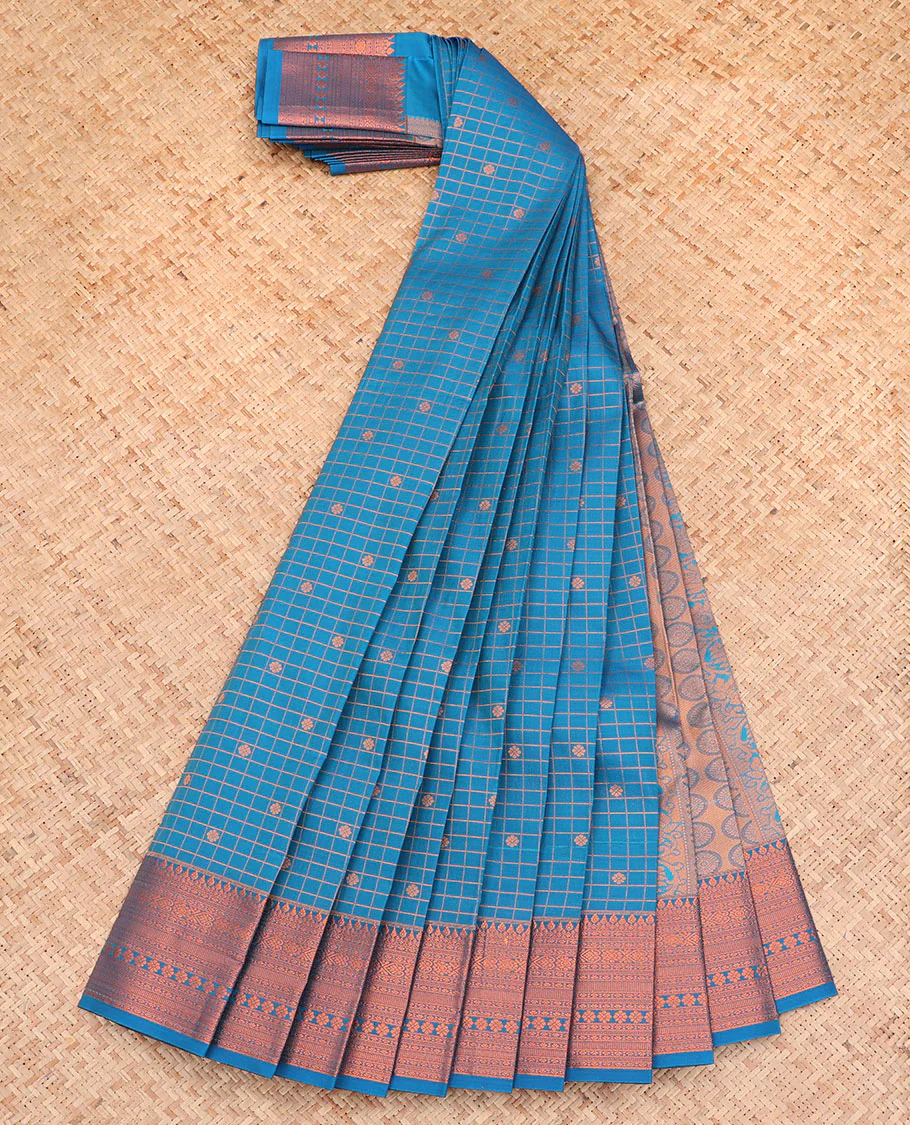Blue Budget Silk Saree, Detailed with Zari Buttas and Checks All Over Its Body, Highlighted by a Traditional Zari Design Border, Grand Pallu, and Paired with a Matching Blouse - Image 2