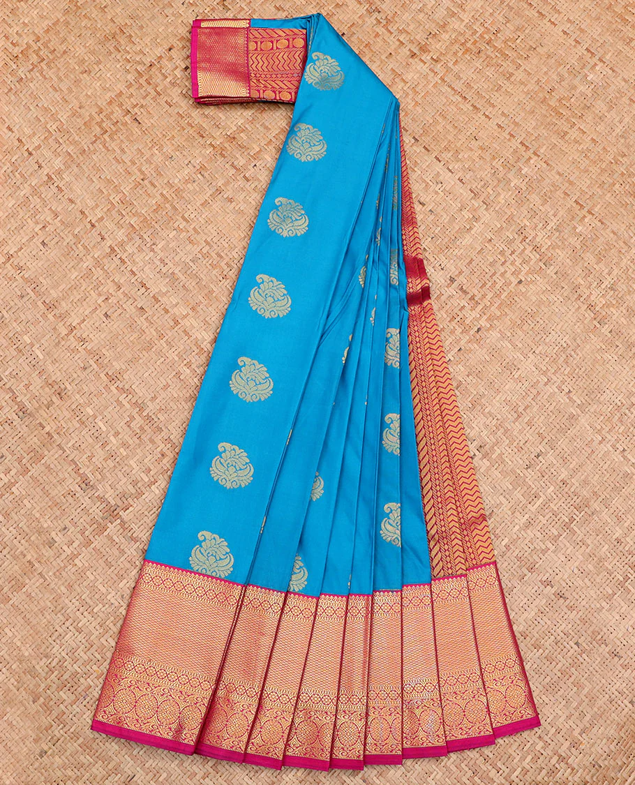 Blue Budget Silk Saree, Elevated with Buttas All Over Its Body, Complemented by a Contrast Traditional Zari Design Border, Pallu of Chevron Designs, and Paired with a Contrast Blouse - Image 2
