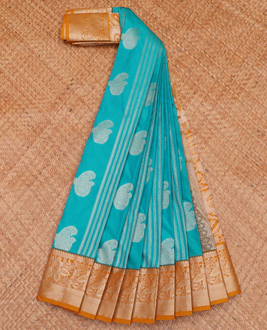 Blue Budget Silk Saree Elevated with Paisley Buttas and Stripes All Over Its Body, Complemented by a Contrast Traditional Border of Floral Designs, Gracefully Embellished Pallu of Paisleys, and Paired with a Contrast Blouse - Image 2