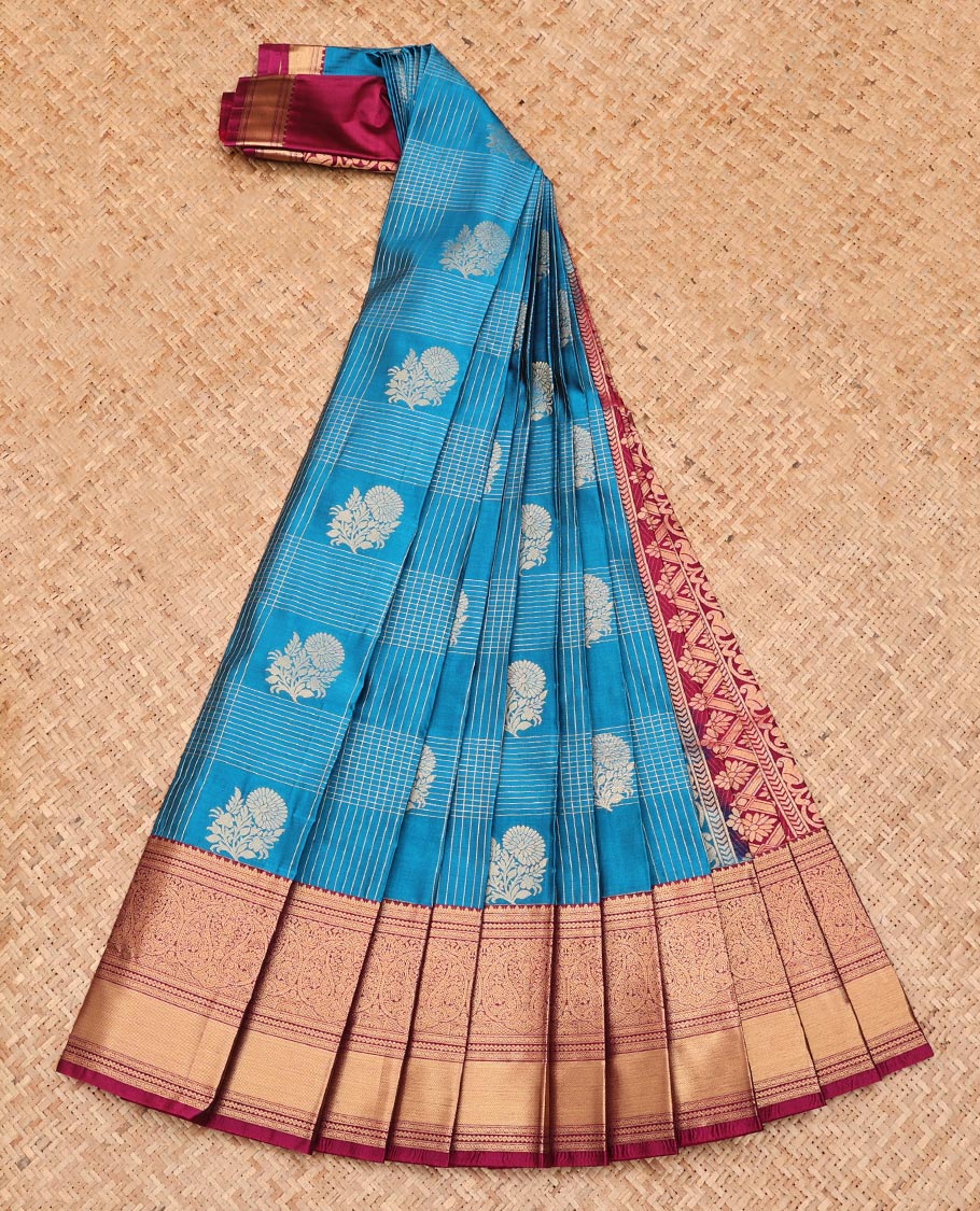 Blue Budget Silk Saree, Embellished with Floral Butta Enclosed Checks, Complemented by a Contrast Traditional Zari Border, Grand Jaal Pallu, and a Contrast Blouse - Image 2