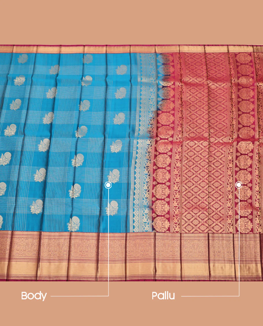 Blue Budget Silk Saree, Embellished with Floral Butta Enclosed Checks, Complemented by a Contrast Traditional Zari Border, Grand Jaal Pallu, and a Contrast Blouse - Image 3