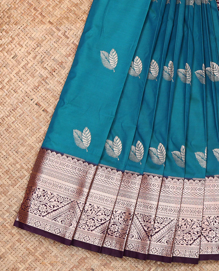 Blue Budget Silk Saree, Embellished with Leaf Buttas, Complemented by a Contrast Traditional Zari  Border, Grand Pallu, and a Contrast Blouse