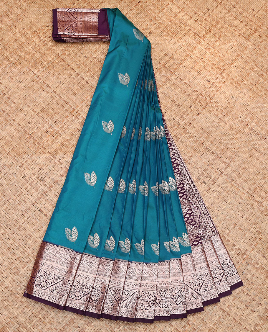 Blue Budget Silk Saree, Embellished with Leaf Buttas, Complemented by a Contrast Traditional Zari  Border, Grand Pallu, and a Contrast Blouse - Image 2