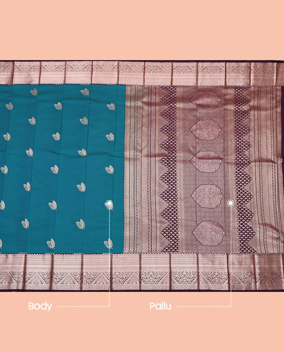 Blue Budget Silk Saree, Embellished with Leaf Buttas, Complemented by a Contrast Traditional Zari  Border, Grand Pallu, and a Contrast Blouse - Image 3