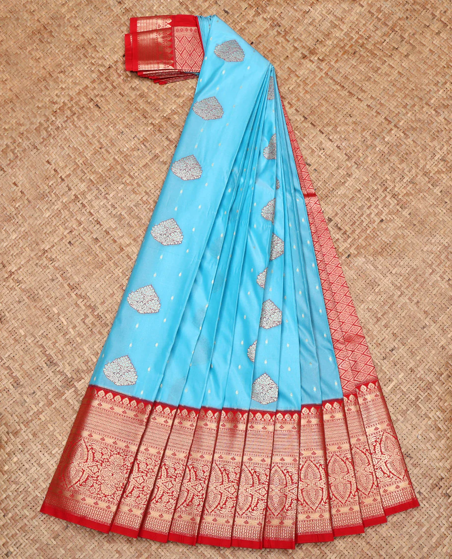 Blue Budget Silk Saree, Embellished with Zari Buttas All Over Its Body, Complemented by a Contrast Traditional Zari Design Border, Grand Jaal Pallu, and Paired with a Contrast Blouse - Image 2
