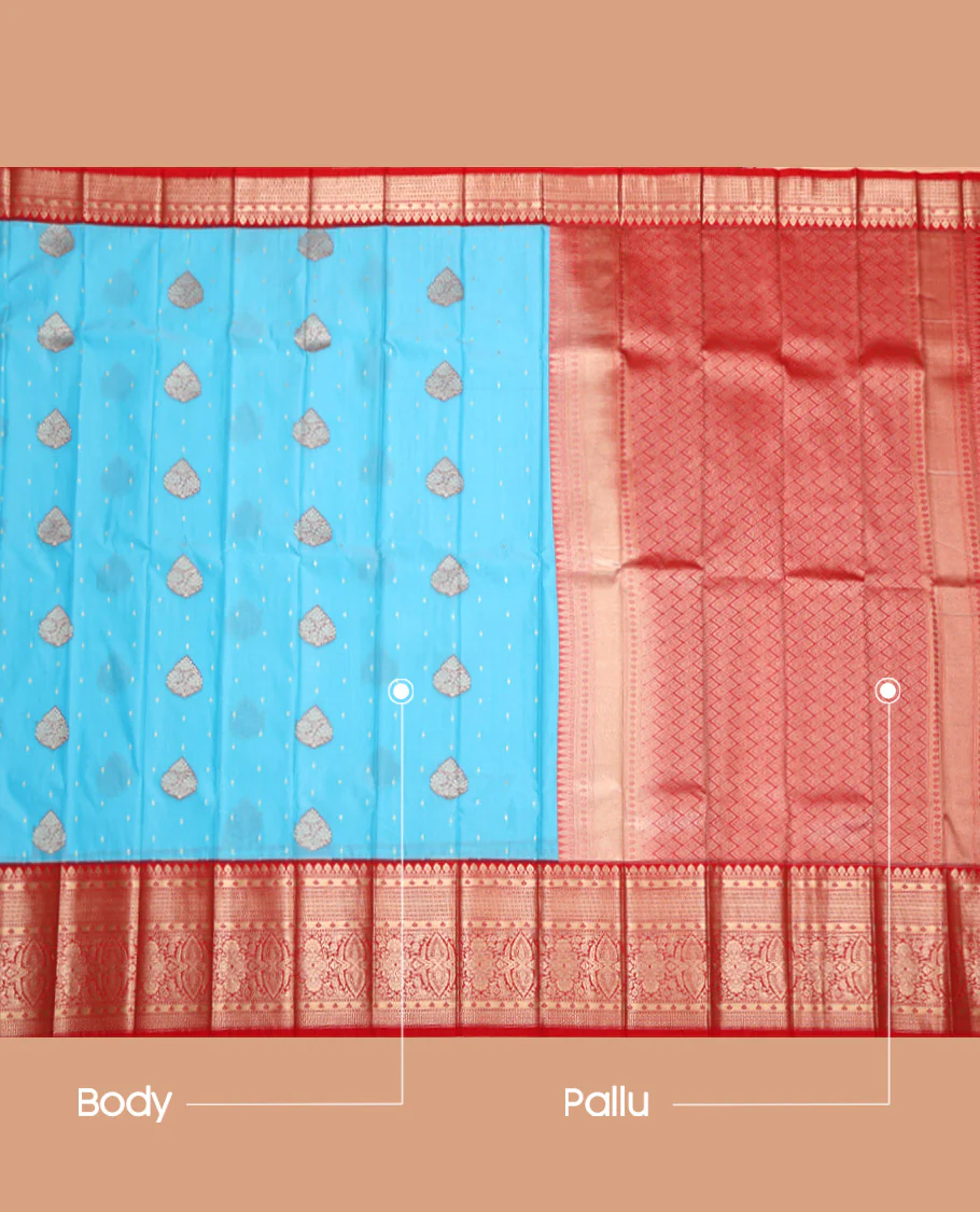 Blue Budget Silk Saree, Embellished with Zari Buttas All Over Its Body, Complemented by a Contrast Traditional Zari Design Border, Grand Jaal Pallu, and Paired with a Contrast Blouse - Image 3