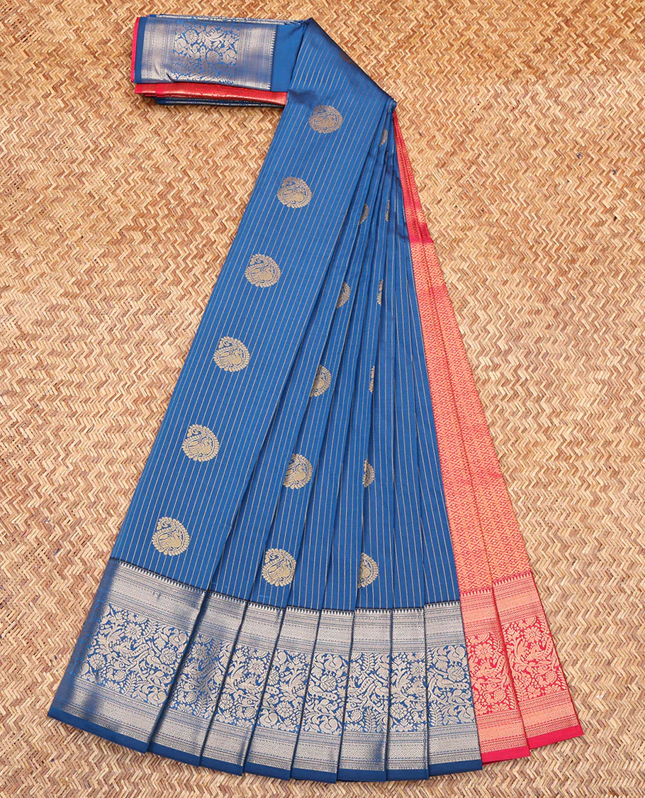 Blue Budget Silk Saree, Embellished with Zari Buttas and Stripes All Over Its Body, Highlighted by a Traditional Zari Design Big Border, Contrast Pallu of Jaal Designs, and Paired with a Contrast Blouse - Image 2