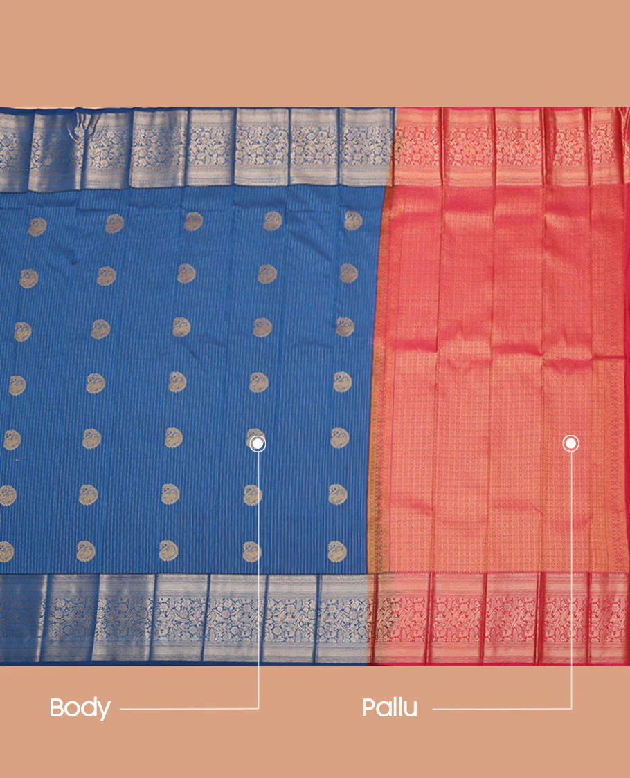 Blue Budget Silk Saree, Embellished with Zari Buttas and Stripes All Over Its Body, Highlighted by a Traditional Zari Design Big Border, Contrast Pallu of Jaal Designs, and Paired with a Contrast Blouse - Image 3