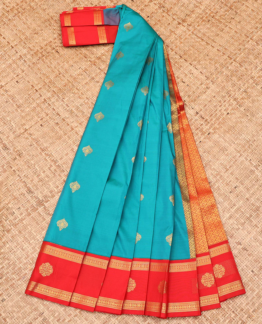 Blue Budget Silk Saree, Embellished with Zari Buttas, Complemented by a Contrast Traditional Zari Design Border, Grand Jaal Design Pallu, and Paired with a Contrast Blouse - Image 2