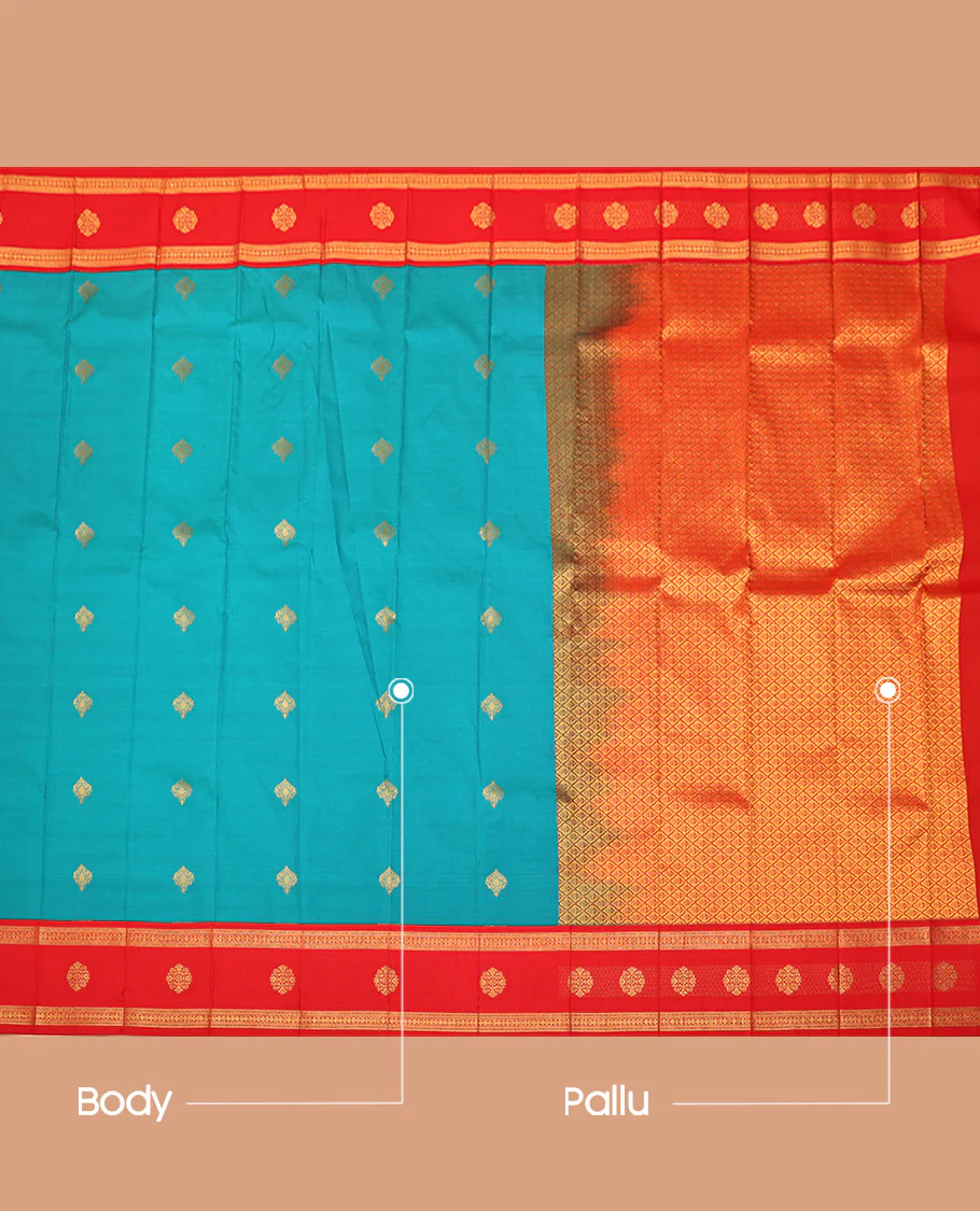 Blue Budget Silk Saree, Embellished with Zari Buttas, Complemented by a Contrast Traditional Zari Design Border, Grand Jaal Design Pallu, and Paired with a Contrast Blouse - Image 3