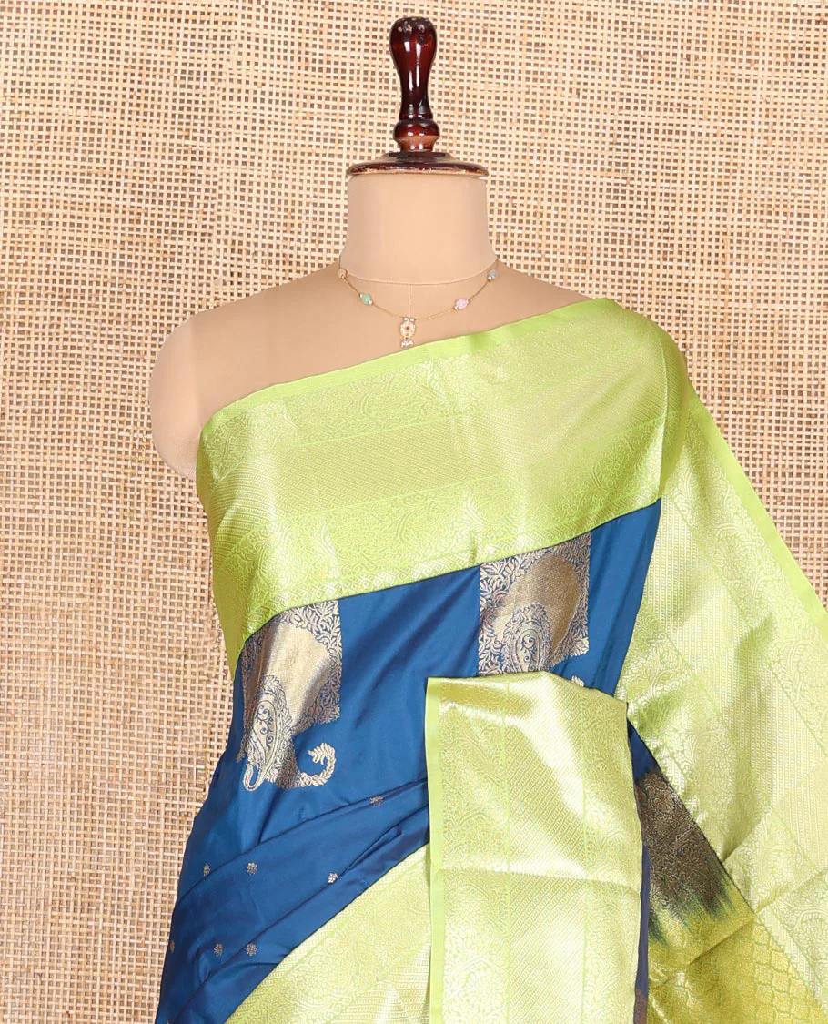 Blue Budget Silk Saree, Embellished with Zari Buttas on Its Body, Complemented by a Contrast Traditional Zari Design Border, Pallu of Jaal and Paisley Designs, and Paired with a Contrast Blouse - Image 2