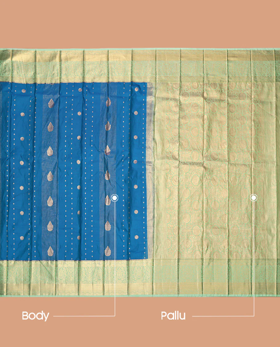 Blue Budget Silk Saree, Embellished with Zari Designs, Contrast Traditional Zari Border, Grand Pallu, and a Contrast Blouse - Image 3