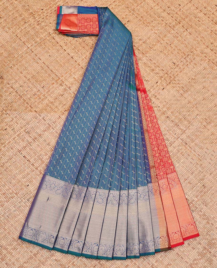 Blue Budget Silk Saree, Enriched with Zari Buttas and Stripes All Over Its Body, Complemented by Contrast Traditional Zari Designs Rettai Pettu Border, Grand Jaal Pallu and Paired with a Contrast Blouse - Image 2