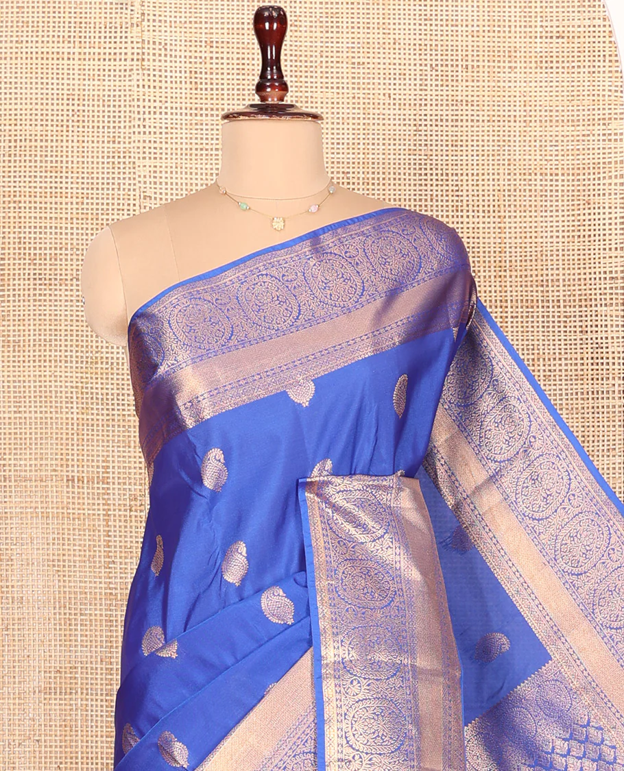 Blue Budget Silk Saree Enthralled with Paisley Buttas All Over Its Body, Highlighted by a Traditional Zari Design Border, Grand Pallu of Jaal Designs, and Paired with a Matching Blouse - Image 2