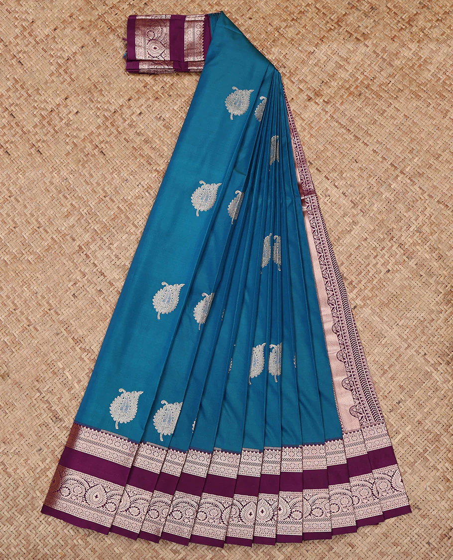 Blue Budget Silk Saree, Featuring Zari Buttas All Over Its Body, Complemented by a Contrast Traditional Zari Design Border, Intricately Designed Pallu, and Paired with a Contrast Blouse - Image 2