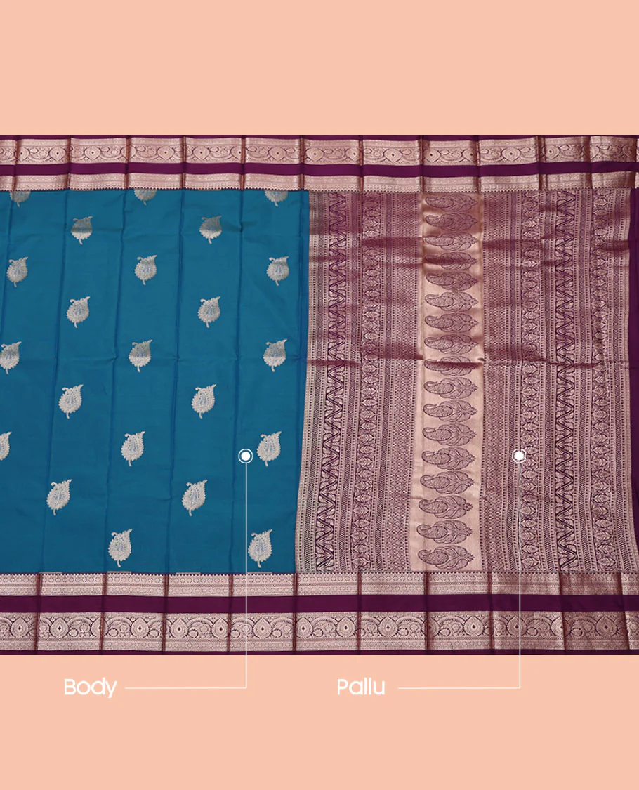 Blue Budget Silk Saree, Featuring Zari Buttas All Over Its Body, Complemented by a Contrast Traditional Zari Design Border, Intricately Designed Pallu, and Paired with a Contrast Blouse - Image 3