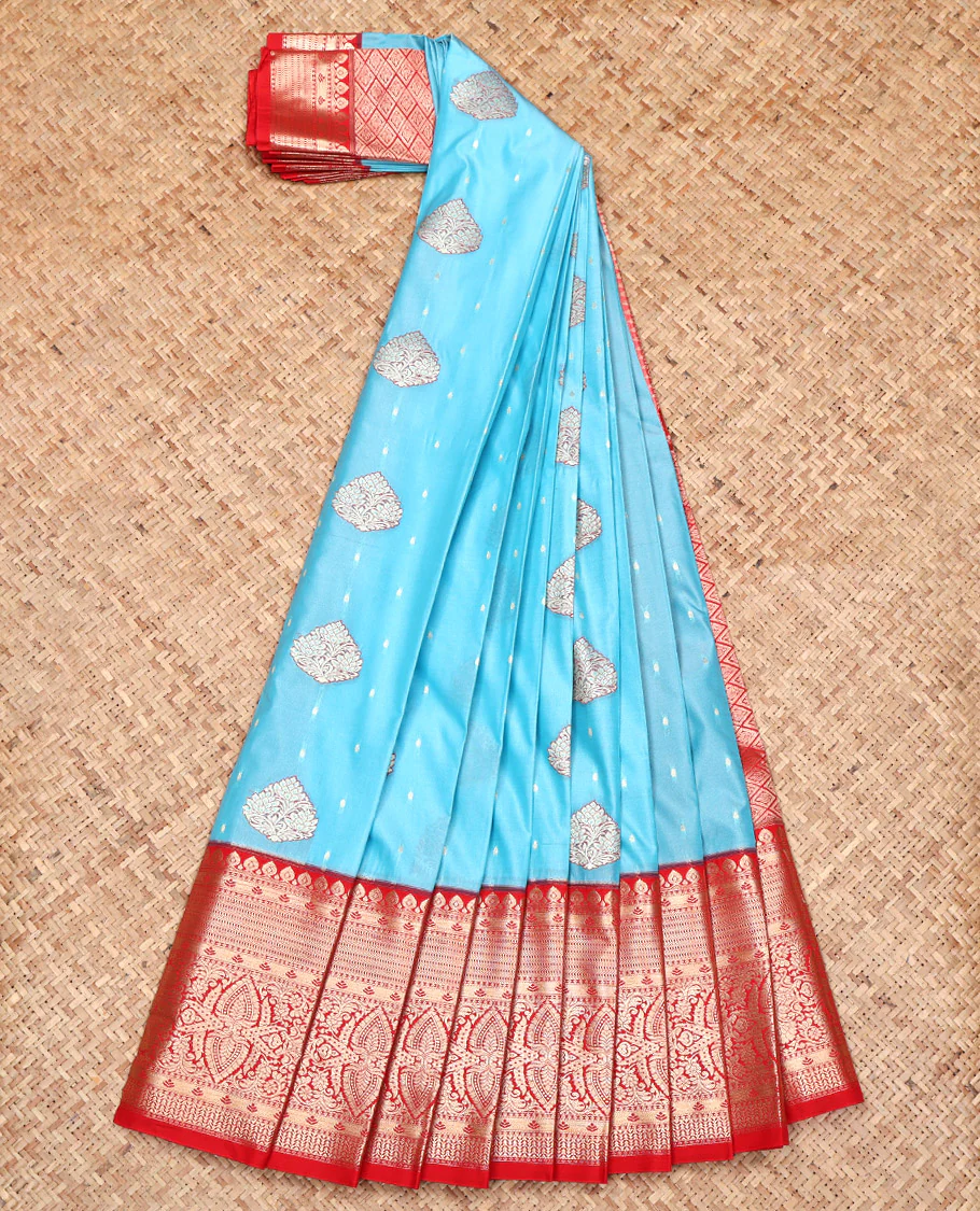 Blue Budget Silk Saree, Finely Crafted with Zari Buttas All Over Its Body, Complemented by a Contrast Traditional Zari Design Border, Grand Jaal Pallu, and Paired with a Contrast Blouse - Image 2