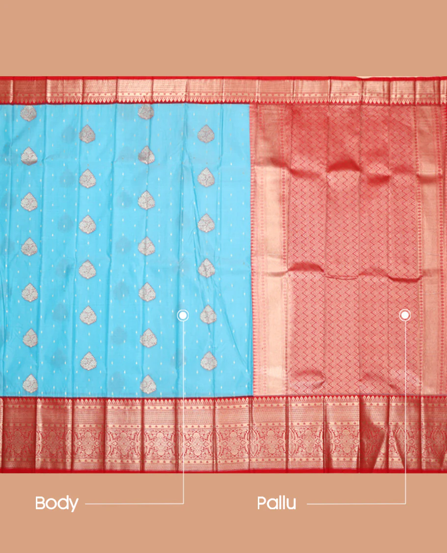 Blue Budget Silk Saree, Finely Crafted with Zari Buttas All Over Its Body, Complemented by a Contrast Traditional Zari Design Border, Grand Jaal Pallu, and Paired with a Contrast Blouse - Image 3