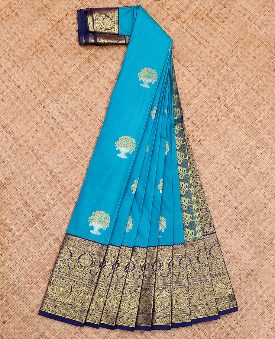 Blue Budget Silk Saree, Gleamed Up with Buttas All Over Its Body, Complemented by a Contrast Traditional Zari Design Border, Grand Pallu, and Paired with a Contrast Blouse - Image 2