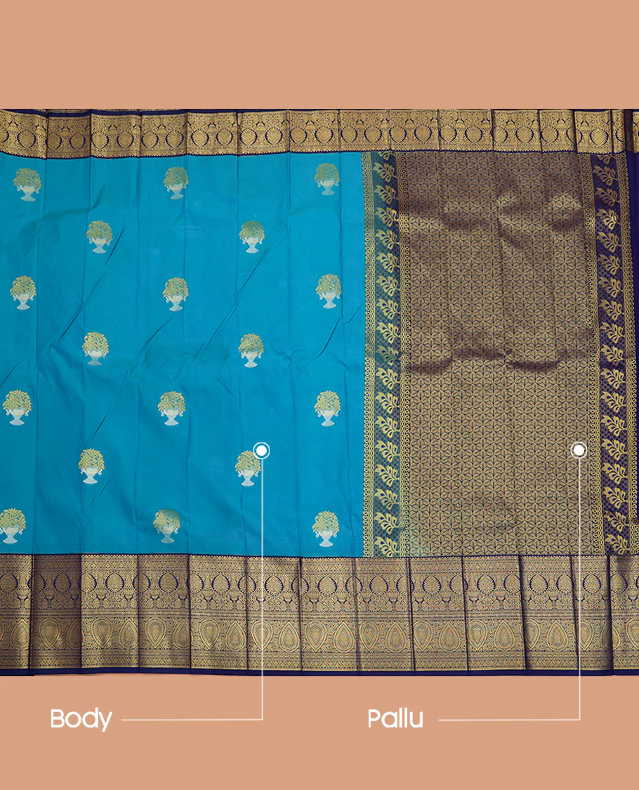 Blue Budget Silk Saree, Gleamed Up with Buttas All Over Its Body, Complemented by a Contrast Traditional Zari Design Border, Grand Pallu, and Paired with a Contrast Blouse - Image 3