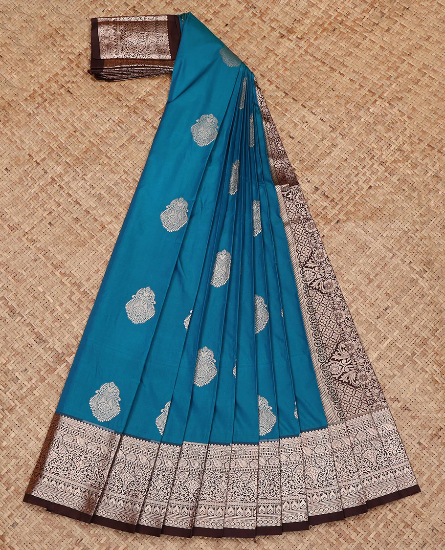 Blue Budget Silk Saree, Gleamed Up with Zari Buttas All Over Its Body, Complemented by a Contrast Traditional Zari Design Border, Intricate Pallu, and Paired with a Contrast Blouse - Image 2