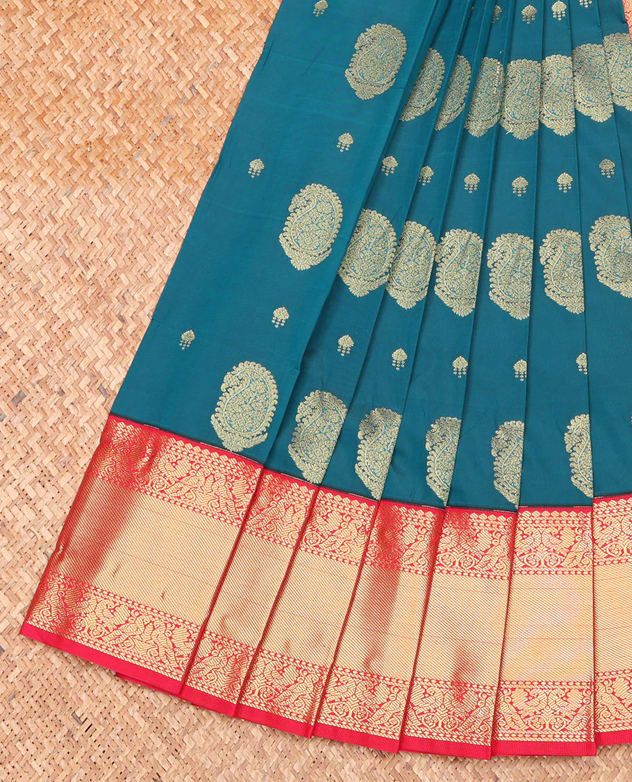Blue Budget Silk Saree, Gleamed Up with Zari Buttas on Its Body, Complemented by a Contrast Traditional Zari Design Border, Grand Jaal Pallu, and Paired with a Contrast Blouse