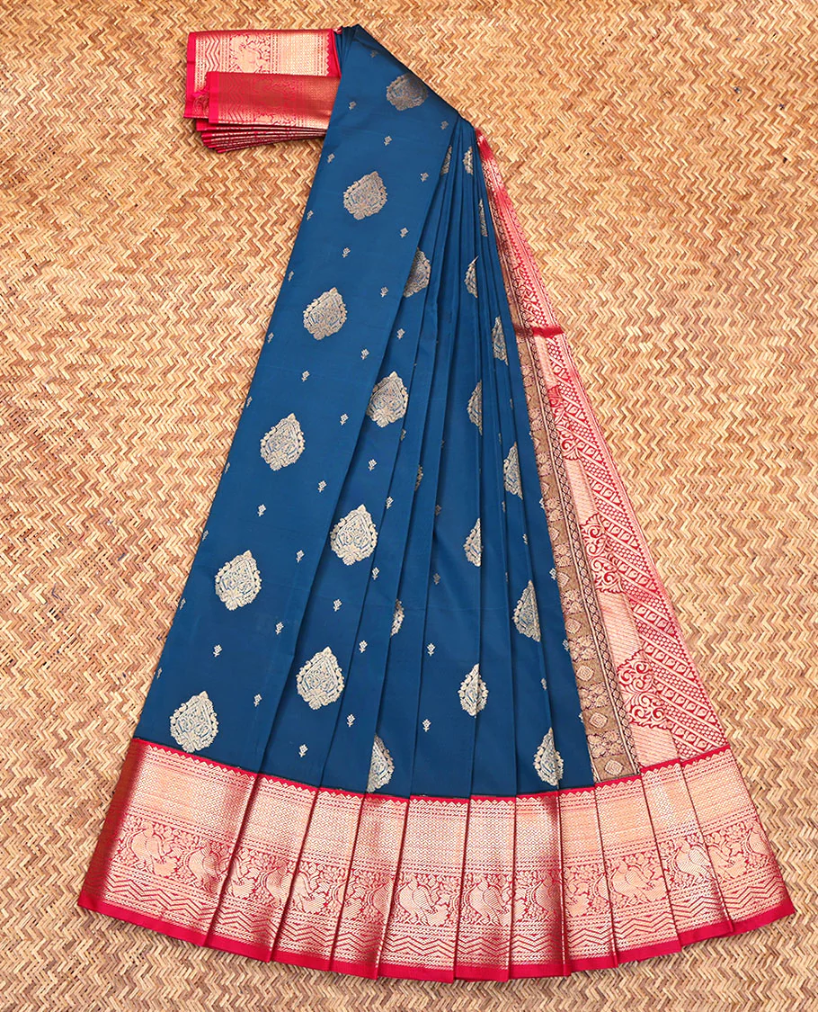 Blue Budget Silk Saree, Gleamed Up with Zari Buttas on Its Body, Complemented by a Contrast Traditional Zari Design Border, Pallu of Intricate Designs, and Paired with a Contrast Blouse - Image 2