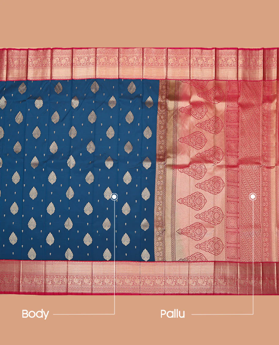 Blue Budget Silk Saree, Gleamed Up with Zari Buttas on Its Body, Complemented by a Contrast Traditional Zari Design Border, Pallu of Intricate Designs, and Paired with a Contrast Blouse - Image 3