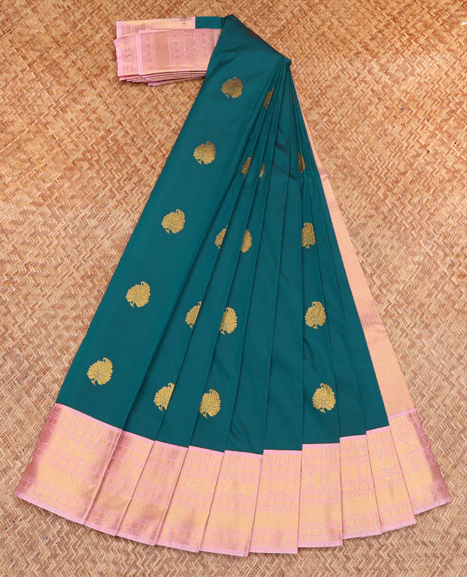 Blue Budget Silk Saree, Graced with Zari Buttas, Complemented by a Contrast Traditional Zari Border, Grand Jaal Pallu, and a Contrast Blouse - Image 2