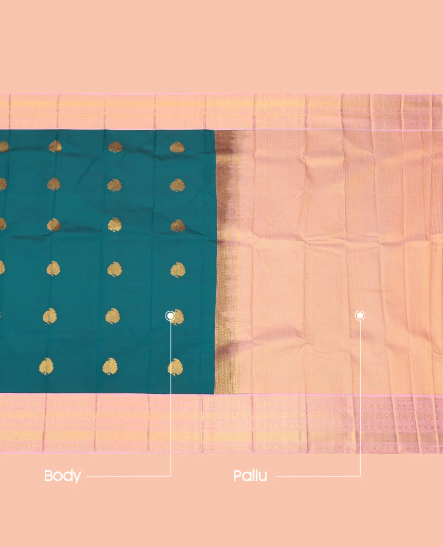 Blue Budget Silk Saree, Graced with Zari Buttas, Complemented by a Contrast Traditional Zari Border, Grand Jaal Pallu, and a Contrast Blouse - Image 3