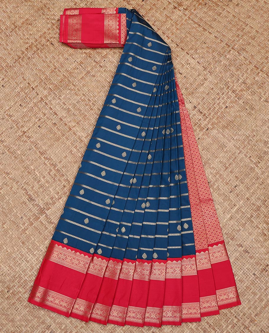 Blue Budget Silk Saree, Gracefully Embellished with Zari Buttas and Zari Stripes on Its Body, Complemented by a Contrast Traditional Zari Rettai Pettu Border, Grand Jaal Pallu, and Paired with a Contrast Blouse - Image 2