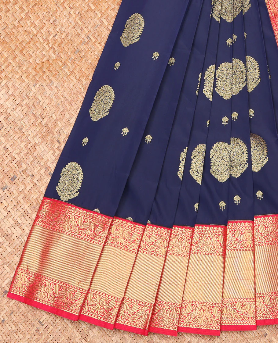 Blue Budget Silk Saree, Impeccably Styled with Zari Buttas on Its Body, Complemented by a Contrast Traditional Zari Design Border, Grand Jaal Pallu, and Paired with a Contrast Blouse