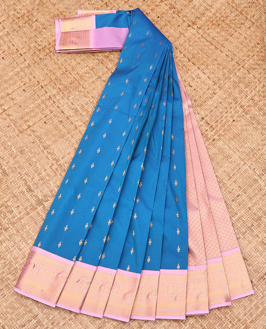 Blue Budget Silk Saree, Mesmerized with Zari Buttas All Over Its Body, Complemented by a Contrast Traditional Zari Design Border, Grand Jaal Pallu, and Paired with a Contrast Blouse - Image 2