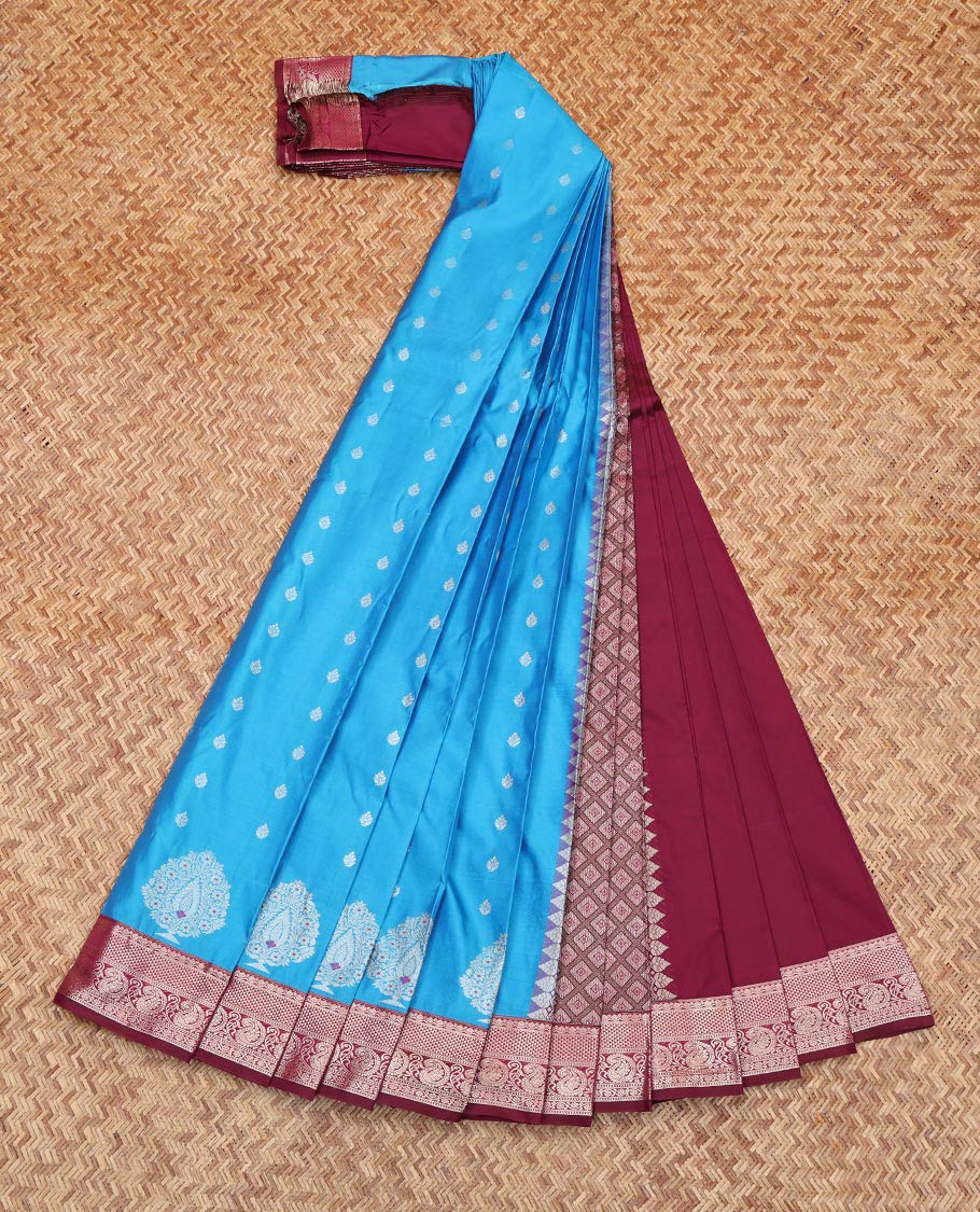 Blue Budget Silk Saree, Mesmerized with Zari Buttas All Over Its Body, Complemented by Contrast Traditional Zari Designs Woven Rettai Pettu Border, Grand Jaal Pallu and Paired with a Contrast Blouse - Image 2