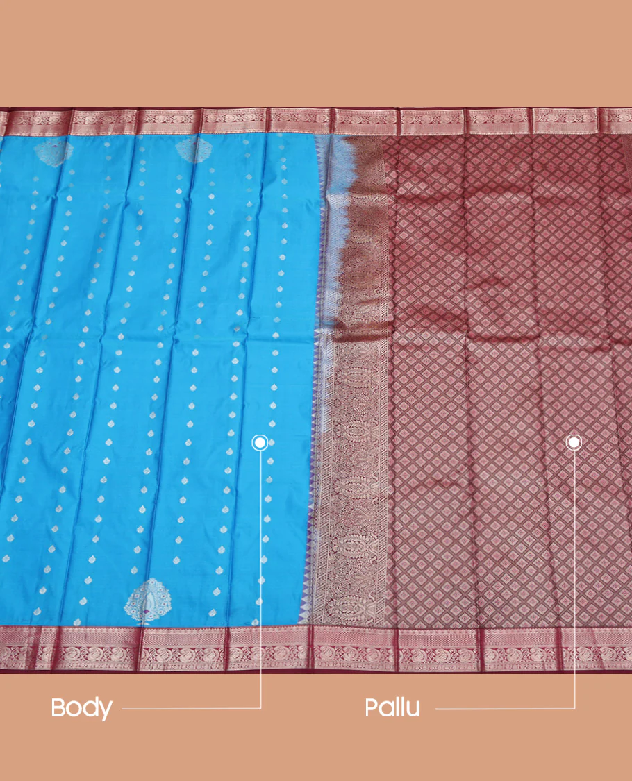 Blue Budget Silk Saree, Mesmerized with Zari Buttas All Over Its Body, Complemented by Contrast Traditional Zari Designs Woven Rettai Pettu Border, Grand Jaal Pallu and Paired with a Contrast Blouse - Image 3