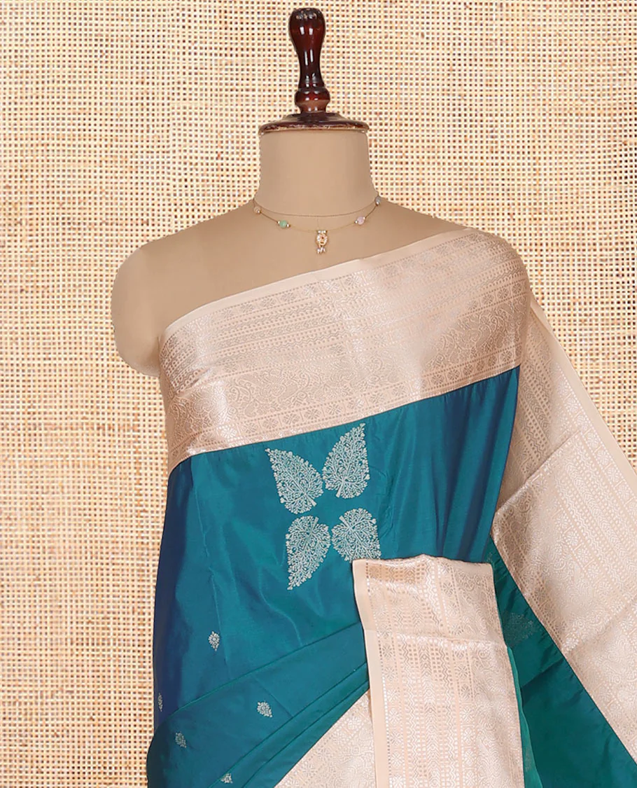 Blue Budget Silk Saree, Ornamented with Zari Buttas on Its Body, Complemented by a Contrast Traditional Zari Design Border, Intricate Jaal Pallu, and Paired with a Contrast Blouse - Image 2
