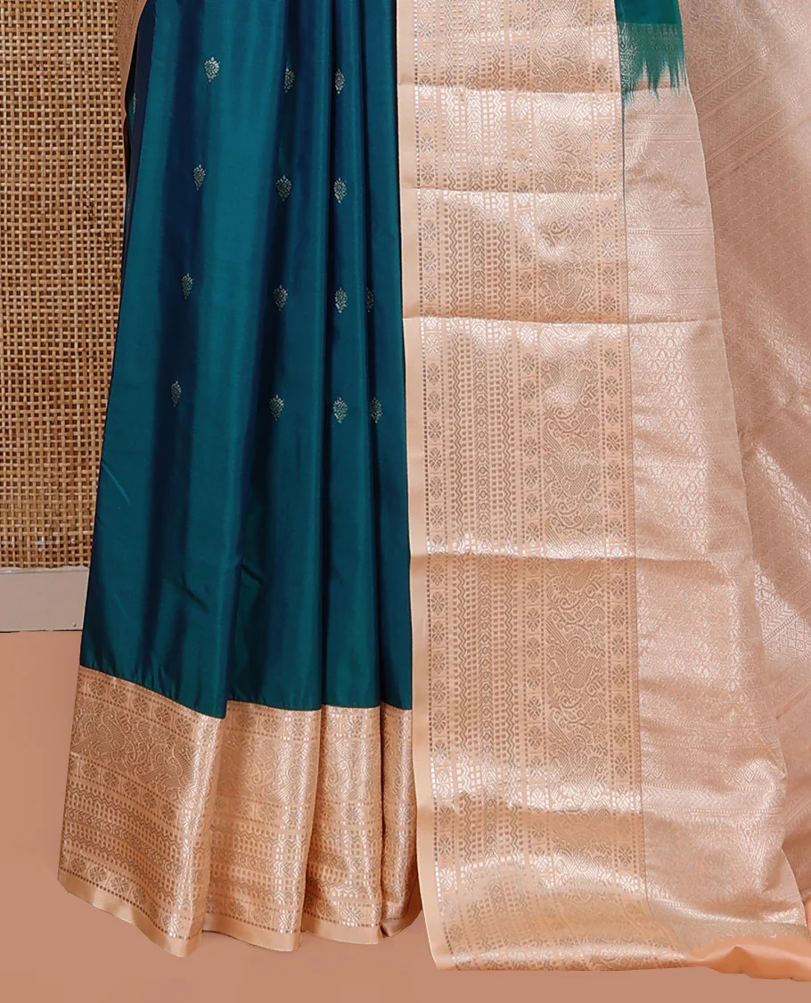 Blue Budget Silk Saree, Ornamented with Zari Buttas on Its Body, Complemented by a Contrast Traditional Zari Design Border, Intricate Jaal Pallu, and Paired with a Contrast Blouse - Image 3