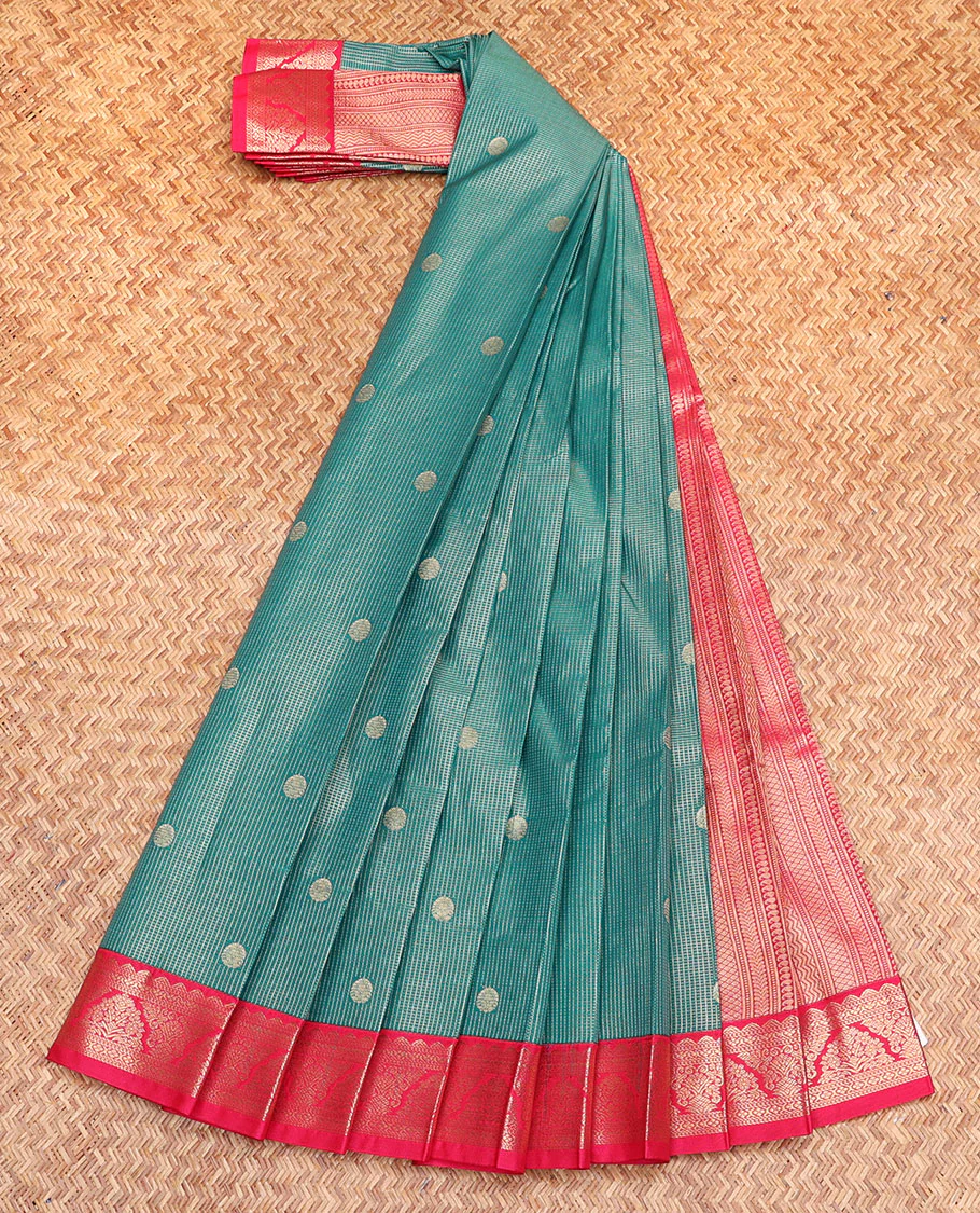 Blue Budget Silk Saree, Showcasing Zari Buttas and Micro-Checks, Complemented by a Contrast Traditional Border, Geometric Patterned Pallu, and a Contrast Blouse - Image 2