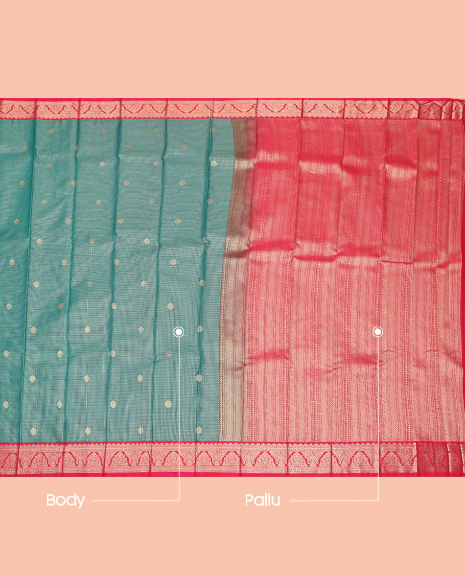Blue Budget Silk Saree, Showcasing Zari Buttas and Micro-Checks, Complemented by a Contrast Traditional Border, Geometric Patterned Pallu, and a Contrast Blouse - Image 3