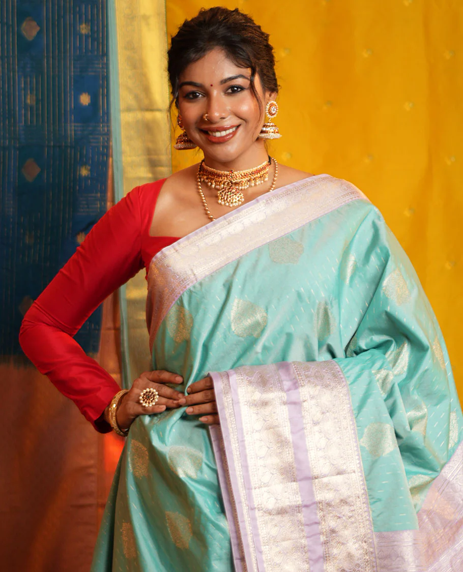 Blue Budget Silk Saree, Steeped in the Richness of Zari Buttas All Over Its Body, Complemented by Contrast Varisai Pettu Traditional Zari Design Border, an Intricately Designed Pallu, and Paired with a Contrast Blouse - Image 3