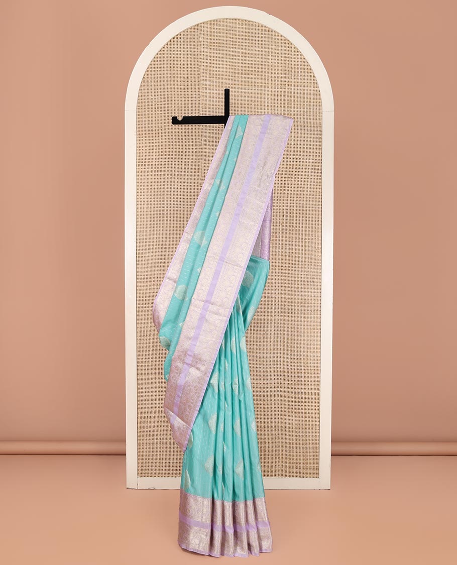 Blue Budget Silk Saree, Steeped in the Richness of Zari Buttas All Over Its Body, Complemented by Contrast Varisai Pettu Traditional Zari Design Border, an Intricately Designed Pallu, and Paired with a Contrast Blouse - Image 5