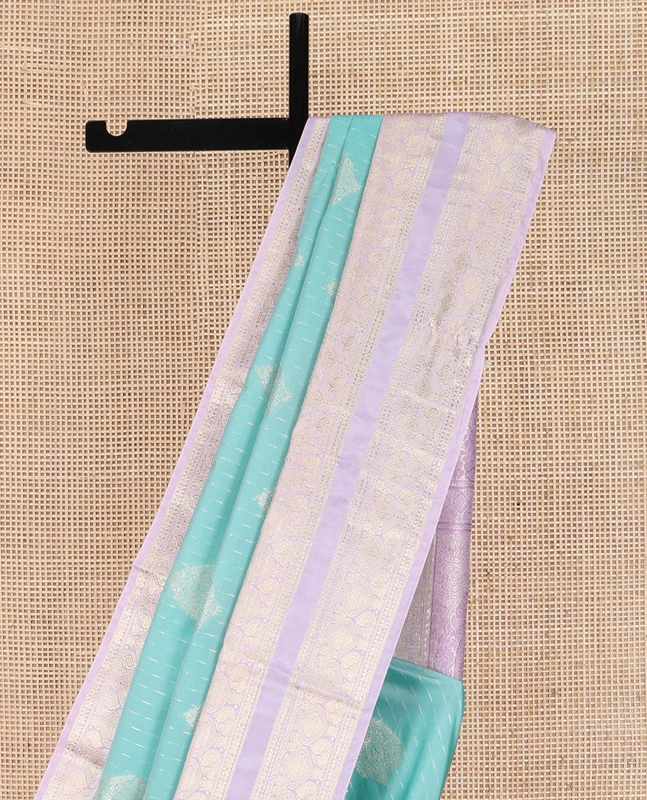 Blue Budget Silk Saree, Steeped in the Richness of Zari Buttas All Over Its Body, Complemented by Contrast Varisai Pettu Traditional Zari Design Border, an Intricately Designed Pallu, and Paired with a Contrast Blouse - Image 6