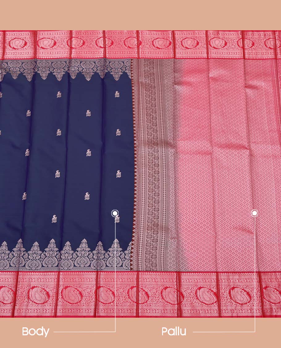 Blue Budget Silk Saree, Subtly Enriched with Zari Buttas on Its Body, Complemented by a Contrast Traditional Zari Design Border, Grand Jaal Pallu, and Paired with a Contrast Blouse - Image 3