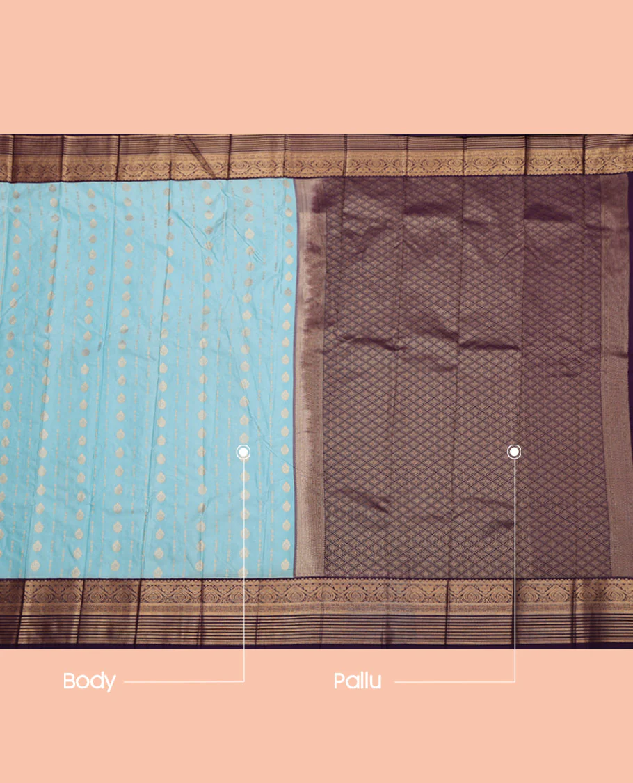 Blue Budget Silk Saree, Subtly Sparkled with Zari Buttas All Over Its Body, Complemented by a Contrast Traditional Zari Design Border, Grand Jaal Pallu, and Paired with a Contrast Blouse - Image 3
