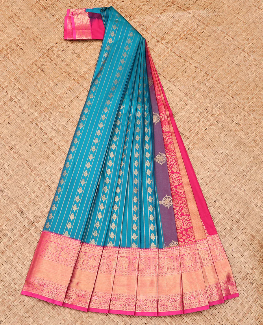 Blue Budget Silk Saree, Uniquely Woven with Zari Buttas and Stripes All Over Its Body, Complemented by Contrast Traditional Zari Designs Woven Border, Intricately Zari Decked Up Pallu and Paired with a Contrast Blouse - Image 2