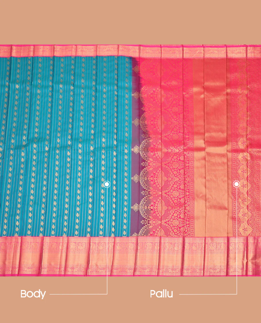 Blue Budget Silk Saree, Uniquely Woven with Zari Buttas and Stripes All Over Its Body, Complemented by Contrast Traditional Zari Designs Woven Border, Intricately Zari Decked Up Pallu and Paired with a Contrast Blouse - Image 3